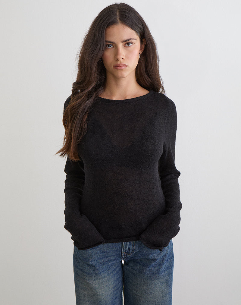 Aika Long Sleeve Top in Sheer Knit Black