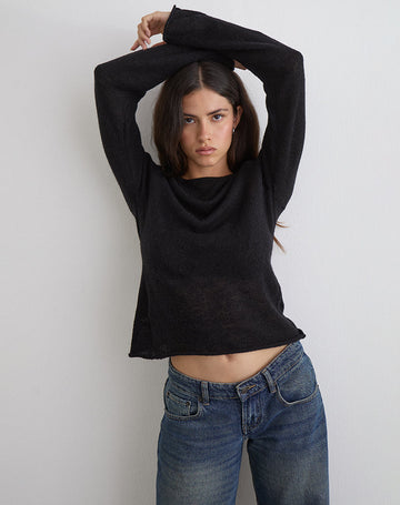 Aika Long Sleeve Top in Sheer Knit Black