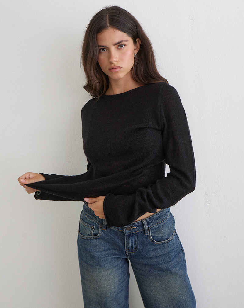 Aika Long Sleeve Top in Sheer Knit Black