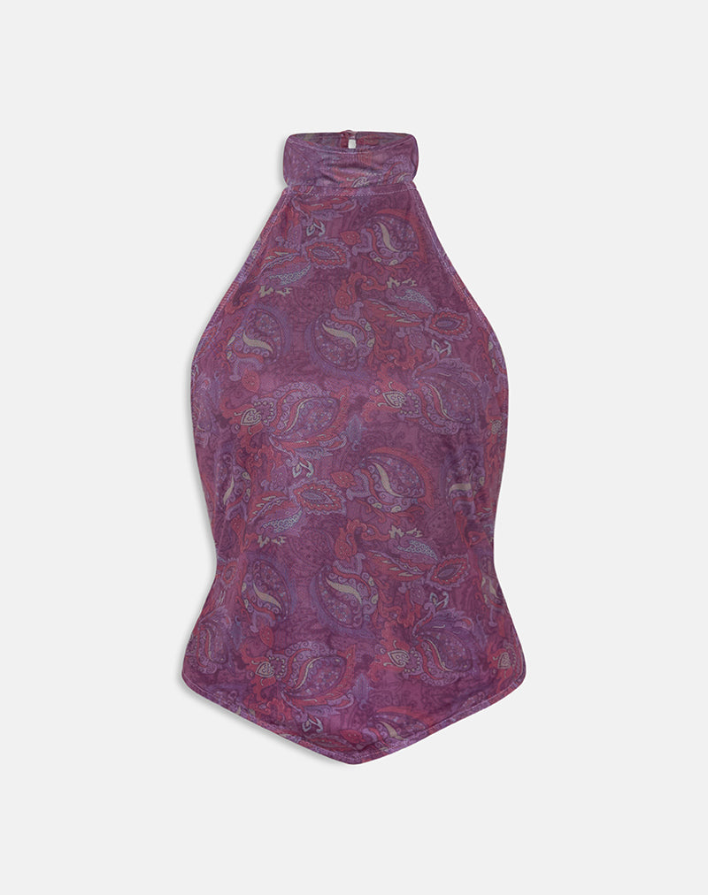 Ares Halterneck Top in Purple Regal Paisley