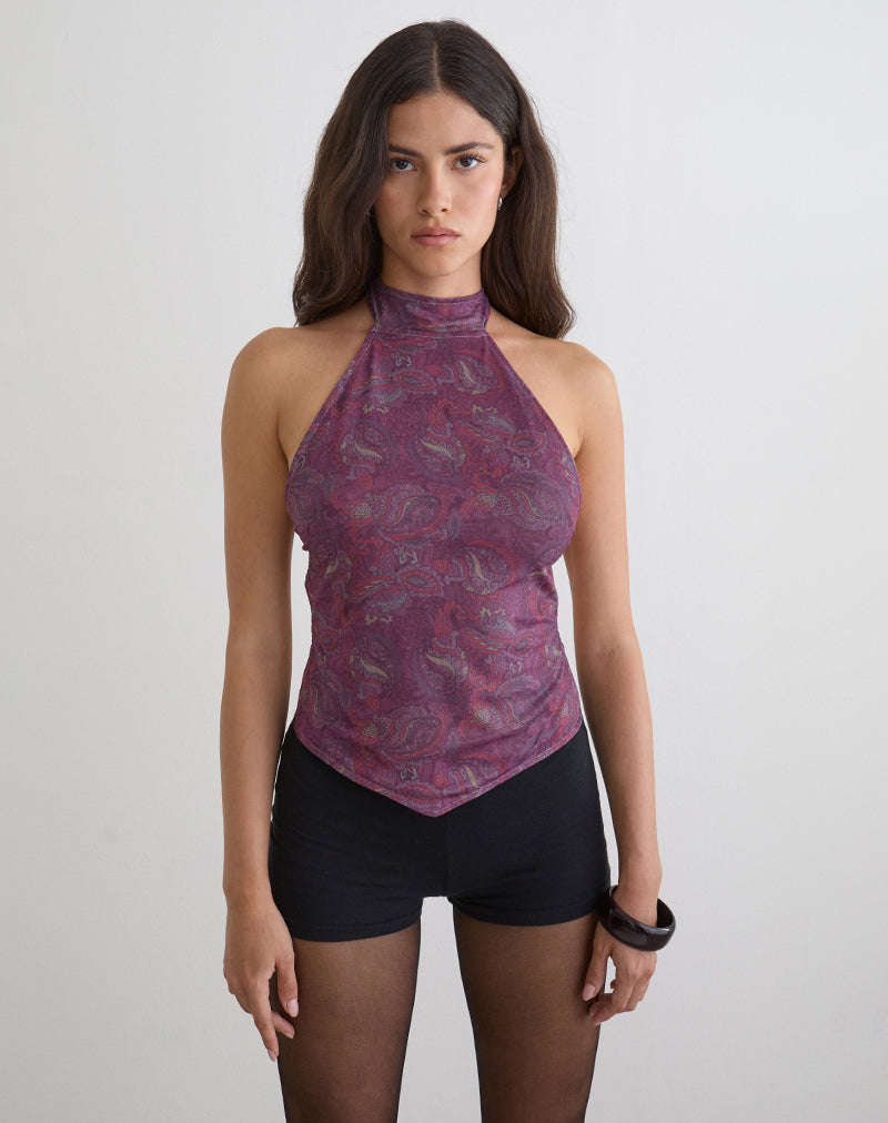 Ares Halterneck Top in Purple Regal Paisley