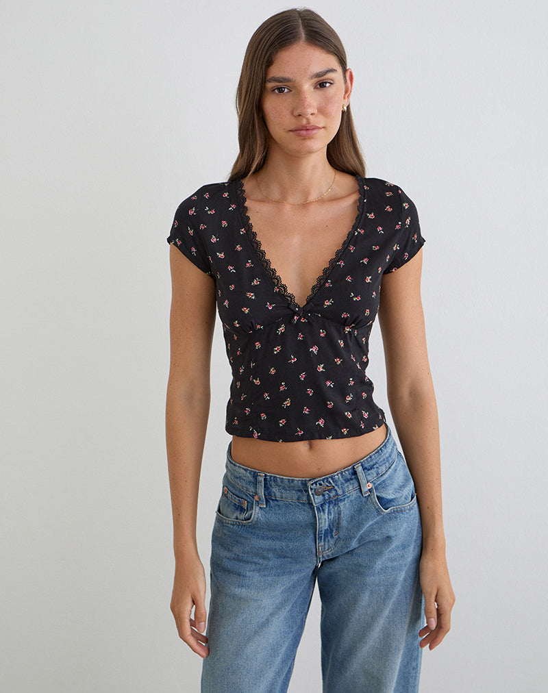 Asana Top in Black with Red Rose Ditsy Print