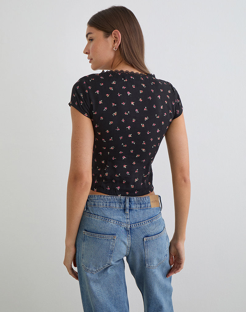 Asana Top in Black with Red Rose Ditsy Print