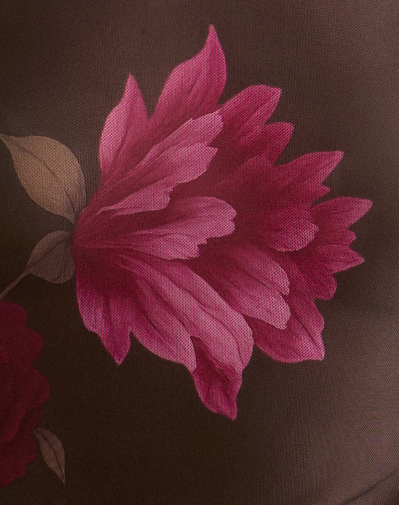 Balsa One Shoulder Top in Brown with Pink Flower Print