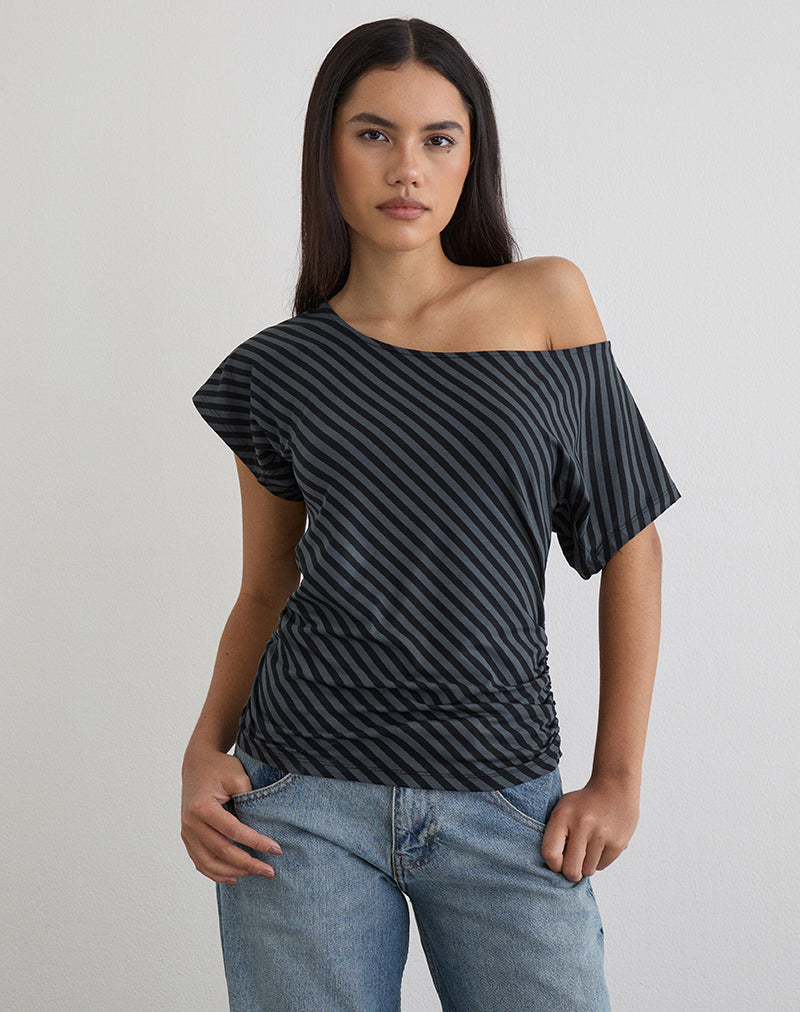 Danama One Shoulder Top in Oblique Stripe Ocean Storm