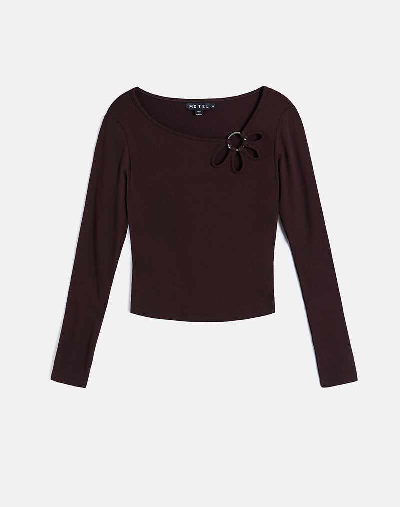 Donela Long Sleeve Top with Flower Ring in Bitter Chocolate