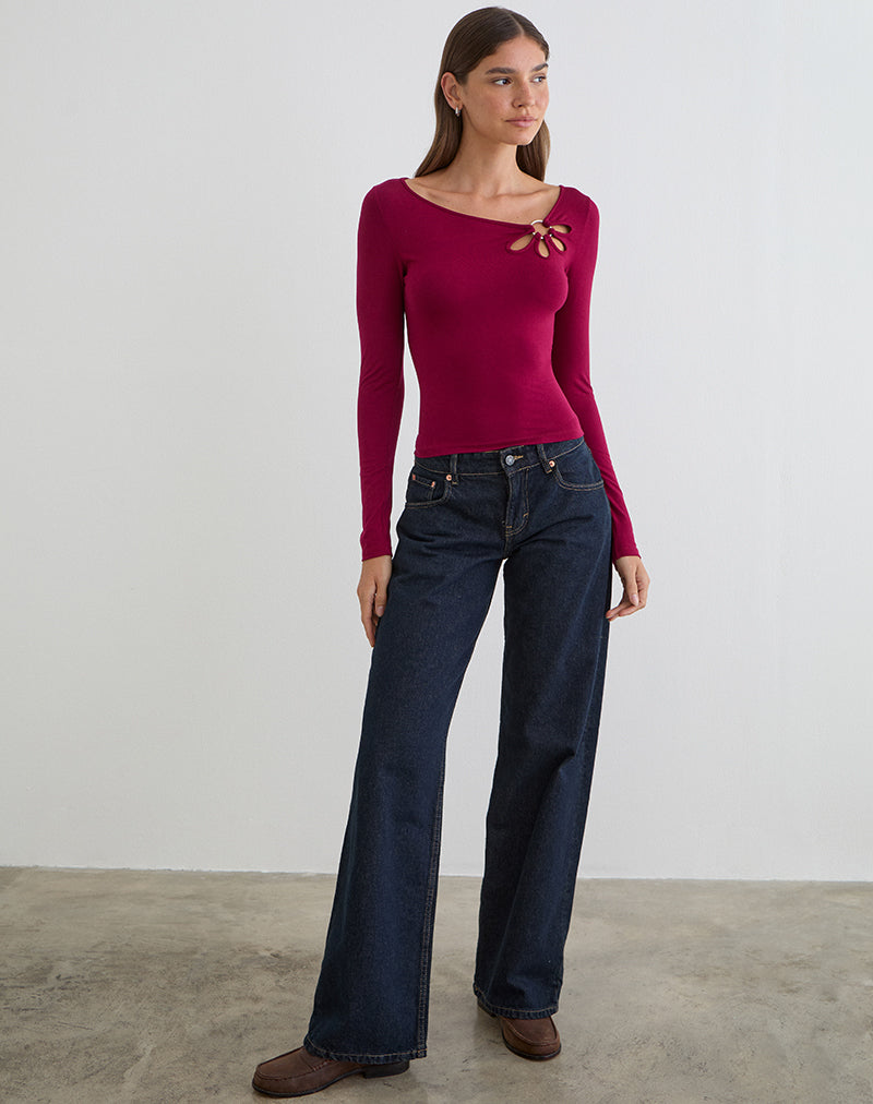 Donela Long Sleeve Top with Flower Ring in Burgundy