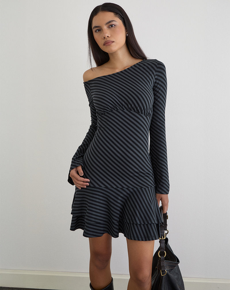 Hongsai Mini Dress in Oblique Stripe Ocean Storm