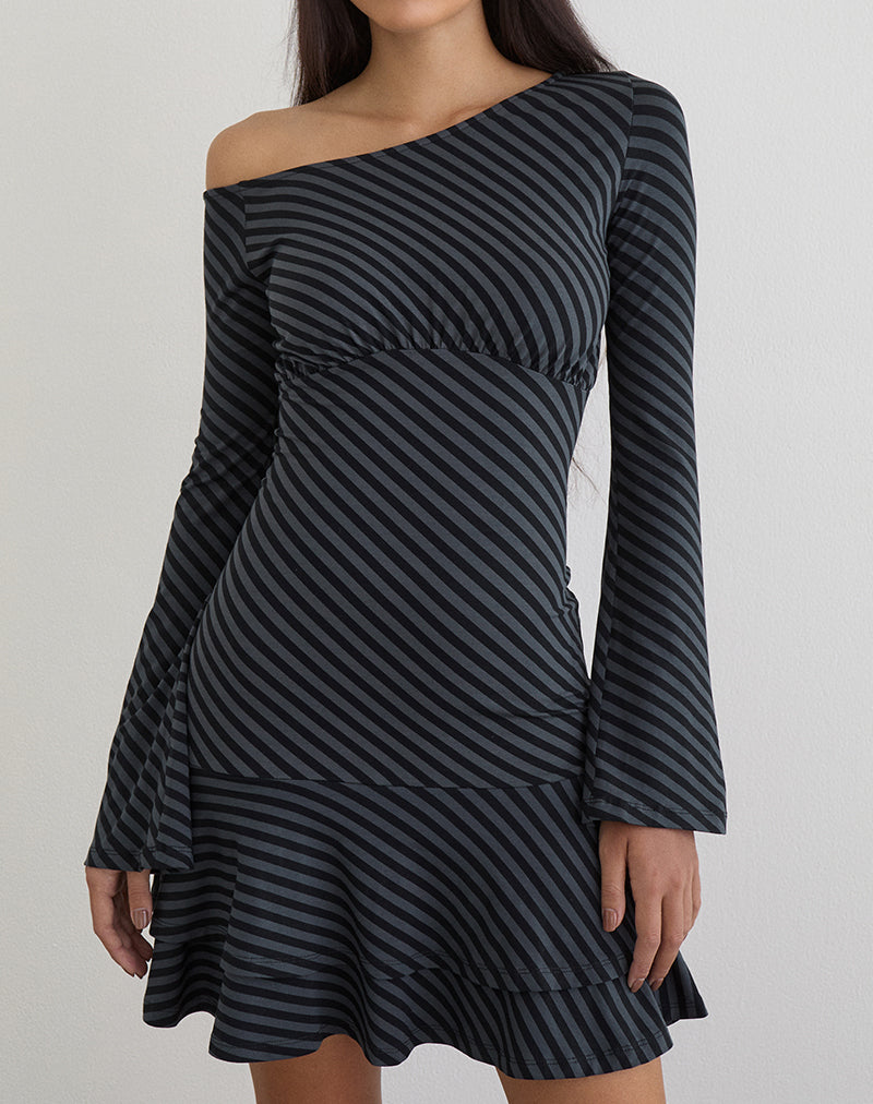 Hongsai Mini Dress in Oblique Stripe Ocean Storm