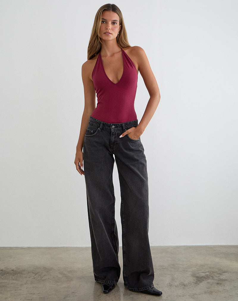 Kitty Deep Plunge Bodysuit in Burgundy