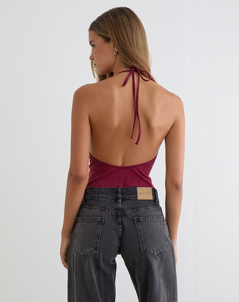 Kitty Deep Plunge Bodysuit in Burgundy
