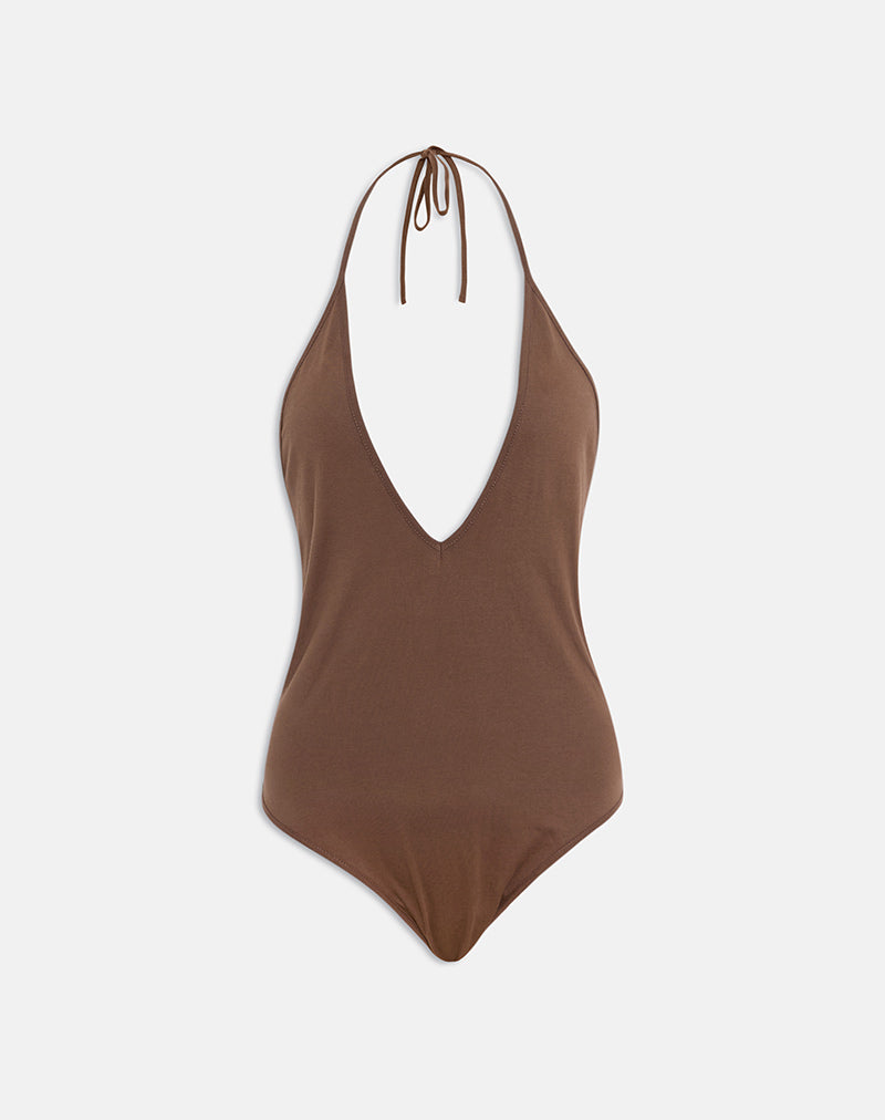 Kitty Deep Plunge Bodysuit in Cocoa