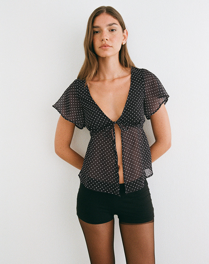 Kota Chiffon Blouse in Black with Micro Polka Print