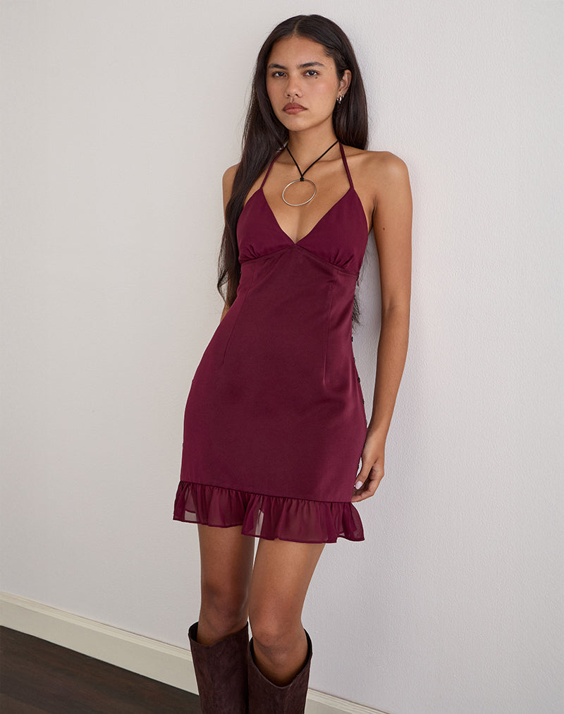 Rosali Mini Dress in Satin Chiffon Burgundy