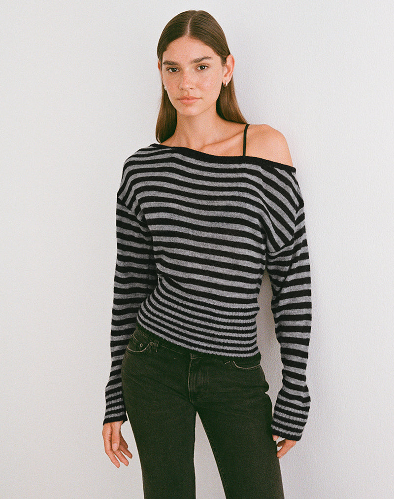 Suena Asymmetric Jumper in Stripe Black and Grey