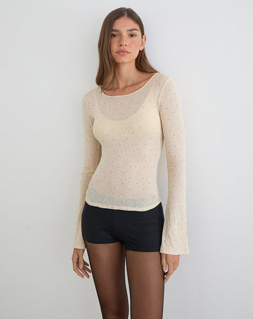 Tineko Long Sleeve Top in Polka Textured Jersey Beige