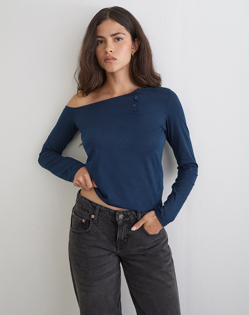 Tole Asymmetric Button Up Top in Tissue Jersey Dark Navy
