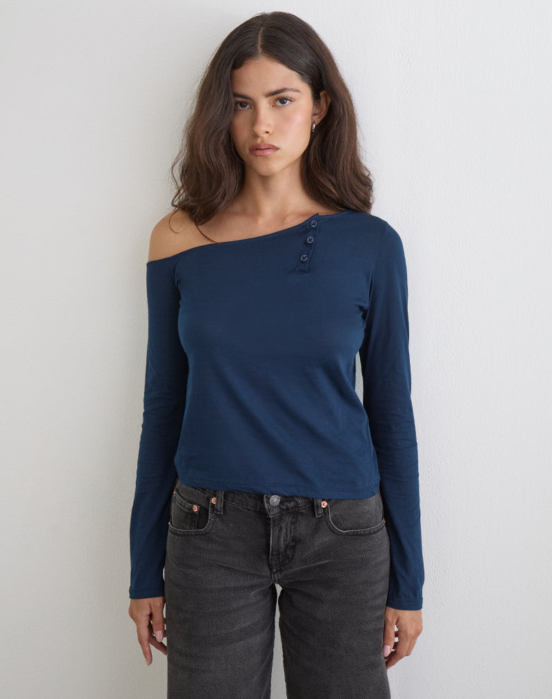 Tole Asymmetric Button Up Top in Tissue Jersey Dark Navy