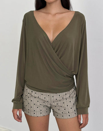 Tricia Plunge Drape Top in Cupro Khaki