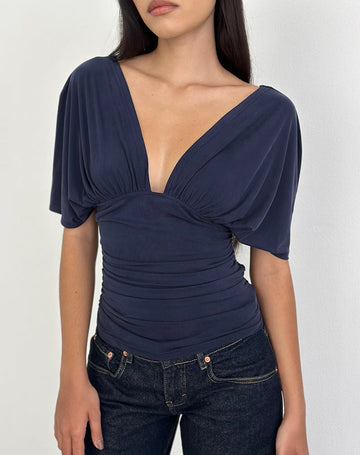 Vernia Plunge Batwing Top in Cupro Navy