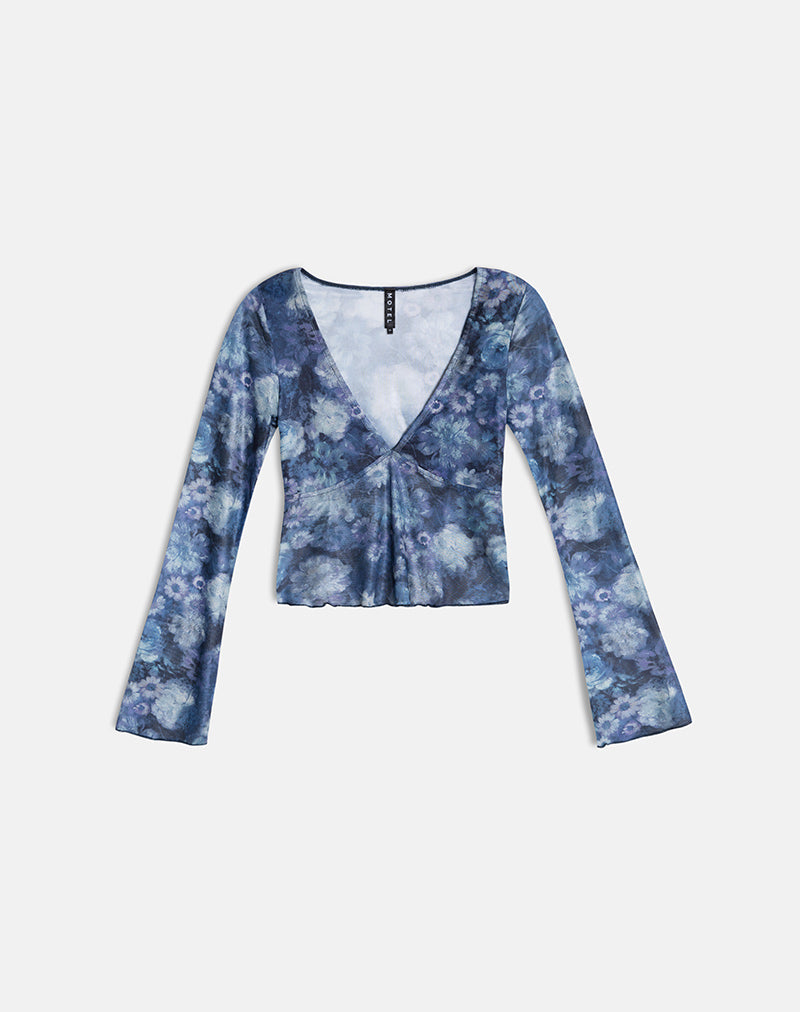 Yamuna Long Sleeve Top in Dark Blue Arty Flower Mesh