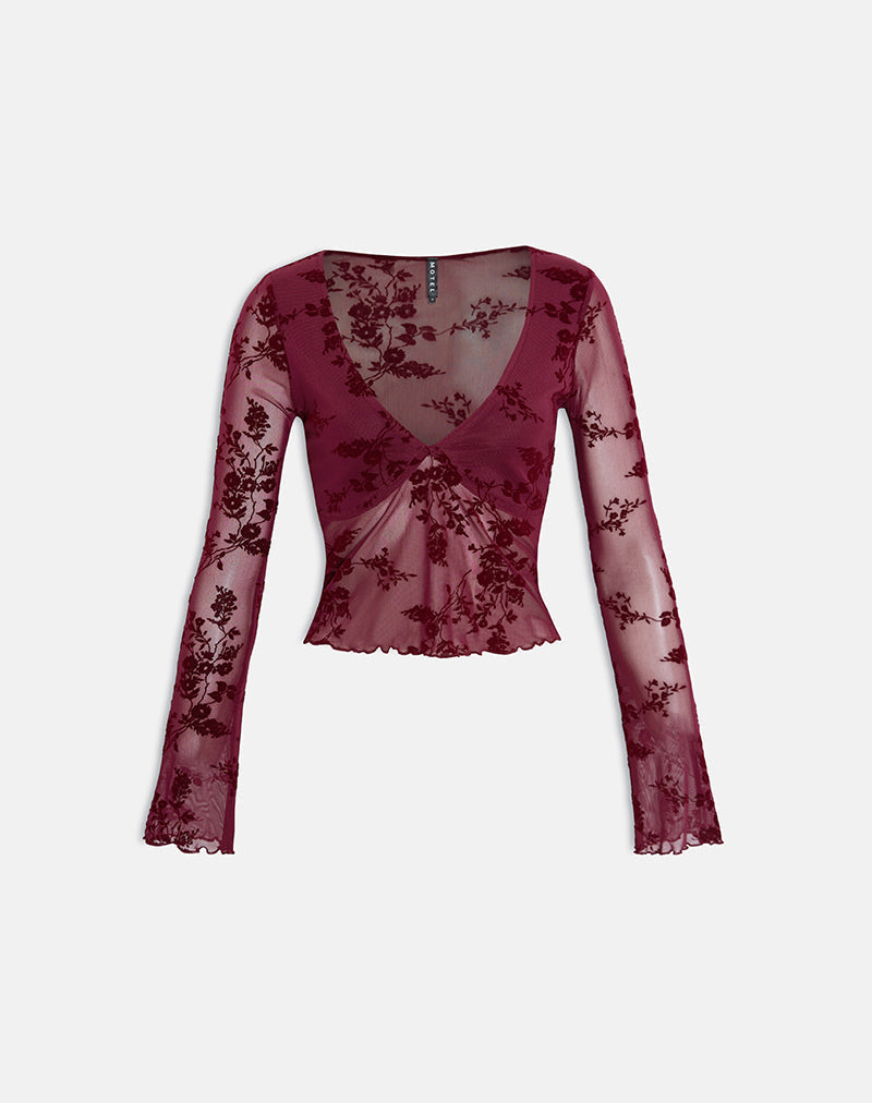 Yamuna Top in Flocked Botanical Flower Maroon