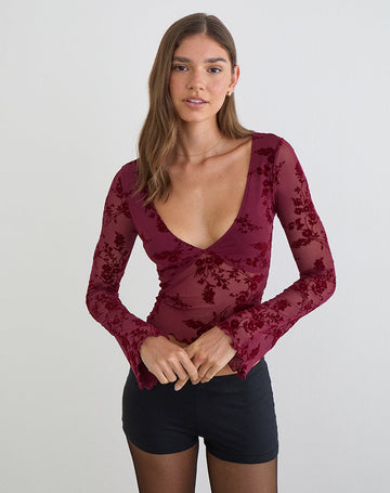 Yamuna Top in Flocked Botanical Flower Maroon