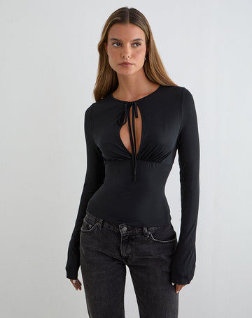 Yubin Keyhole Long Sleeve Top in Cupro Black