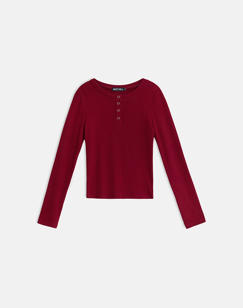 Zinta Long Sleeve Button Up Top in Rib Knit Dark Maroon