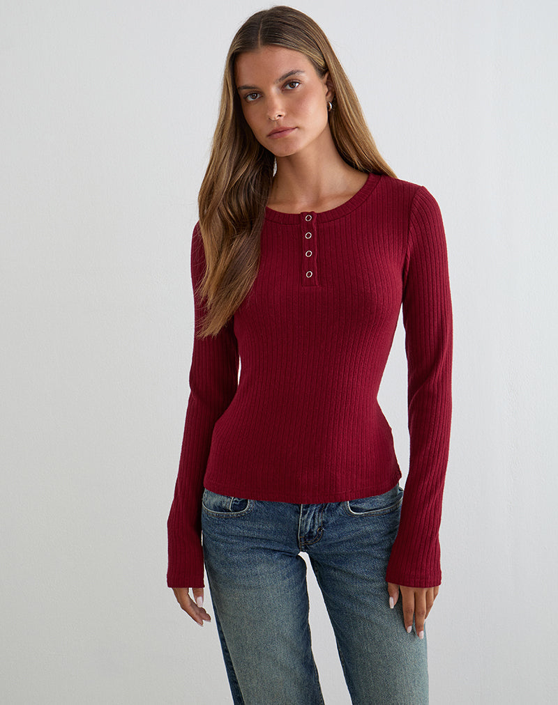 Zinta Long Sleeve Button Up Top in Rib Knit Dark Maroon
