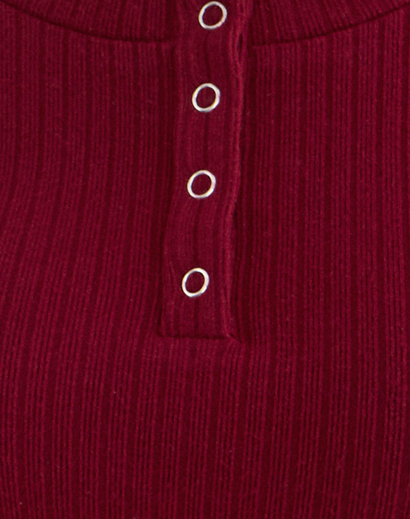 Zinta Long Sleeve Button Up Top in Rib Knit Dark Maroon