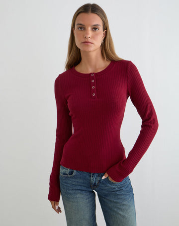 Zinta Long Sleeve Button Up Top in Rib Knit Dark Maroon
