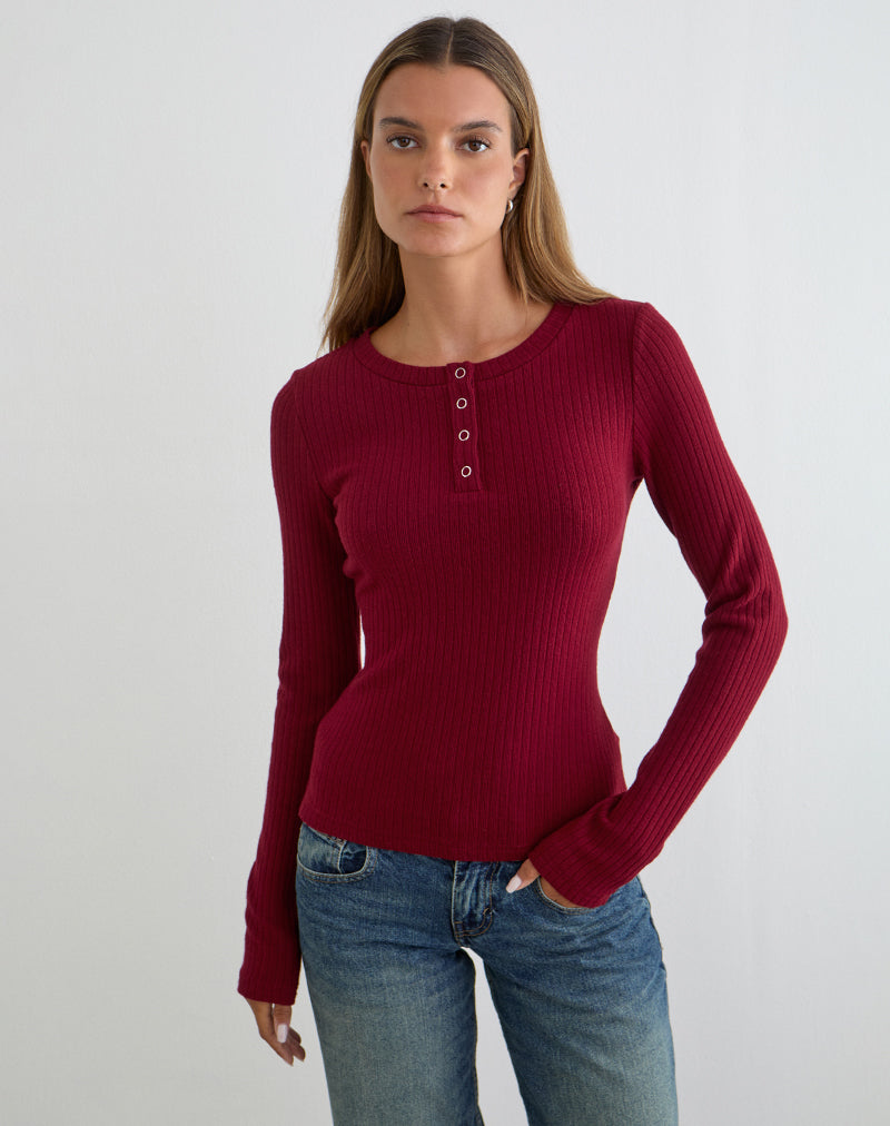 Zinta Long Sleeve Button Up Top in Rib Knit Dark Maroon
