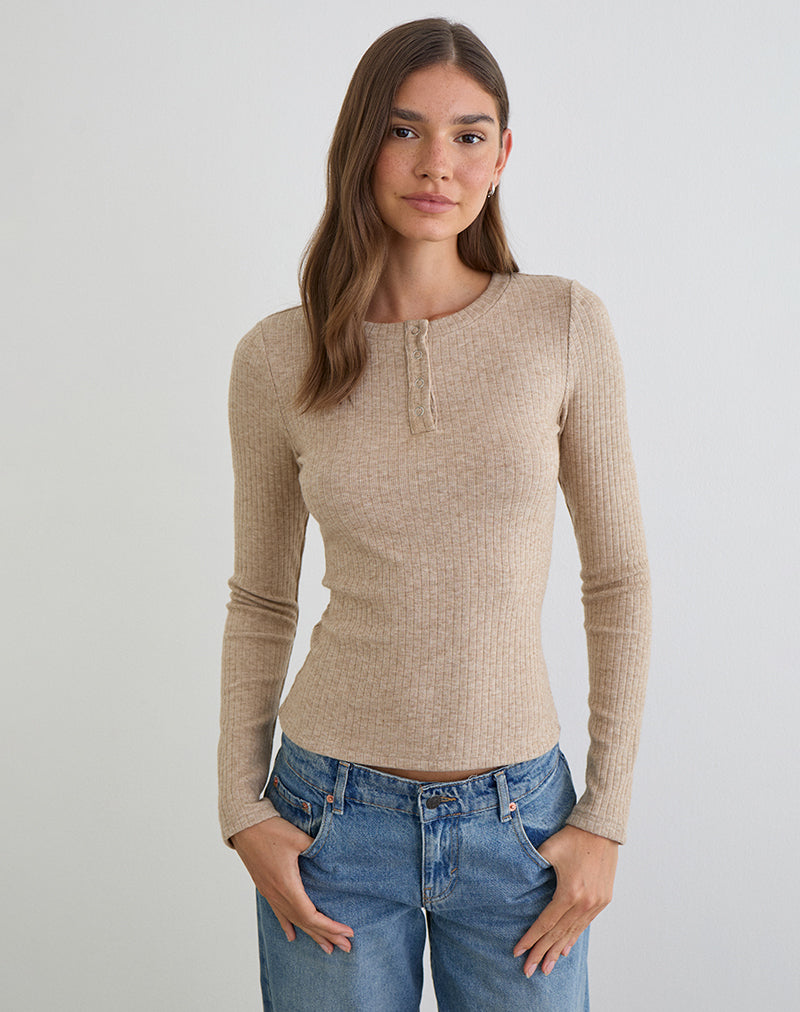 Zinta Long Sleeve Button Up Top in Rib Knit Oat