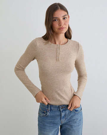 Zinta Long Sleeve Button Up Top in Rib Knit Oat